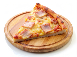 cut Hawaiian pizza on wooden plate isolated on white background