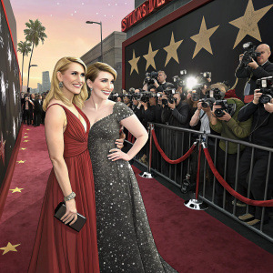 Claire Danes and Lena Dunham at a movie premiere. Black carpet, paparazzi flashes