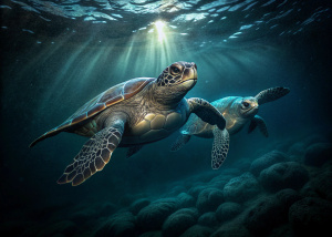 two sea turtles swimming, close-up, one contrasting light source,