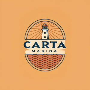Logo design for Carta Marina featuring an abstract lighthouse emblem. Warm color scheme with dominant orange tones. Modern, minimalist style. Utilizes sans-serif font in dark color. Clean, focused design centered on emblem.
