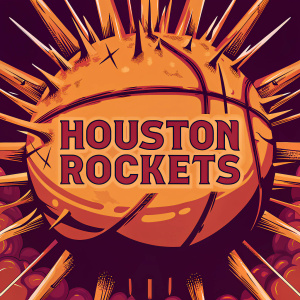 The Houston Rockets logo featuring a stylized explosion with bold red team name and dynamic spiky elements. Modern and vibrant design.