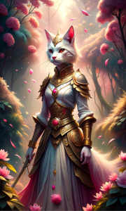 a princess white and pink warrior cat wearing a pink and golden armour and a long pink and golden diaphanous dress and golden sword walking through a golden and pink forest