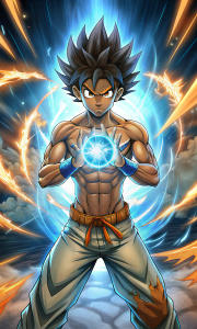 niño afroamericano, de pie, empujando un orb de energía entre sus dos manos abiertas colocadas al frente, con la boca abierta gritando, cabello corto. torso descubierto, caracterizando a goku de dragon ball, vista frontal. full body. anime style.