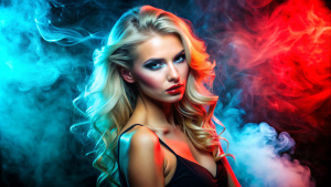 Mujer rubia perfecta modelo medio cuerpo, fondo oscuro, humo de luces