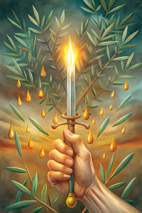 A sharp sword pointing upwards represents the triumph of strength and intelligence.