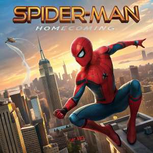 A film poster for Spider-Man: Homecoming. Features Tom Holland's Spider-Man leaping over New York skyline, determined expression, dynamic background of Times Square with vivid colors. Marvel logo prominently displayed.