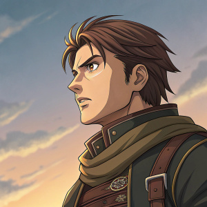 Digital illustration of Miklotov from Suikoden. Close-up, intense expression, set against a gradient sky background.