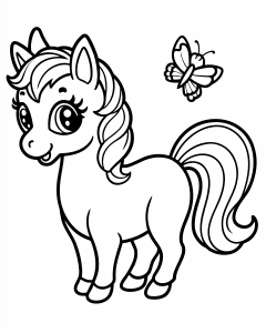 Flirty cute little unicorn playing with a butterfly