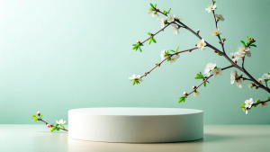 Round podium platform stand for product presentation and spring flowering tree branch with white blossom flowers on pastel background. Front view