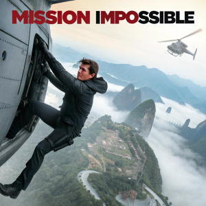 Movie poster for 'Mission: Impossible'. Tom Cruise hanging off an aircraft. Background inspired by ancient chinese paintings.