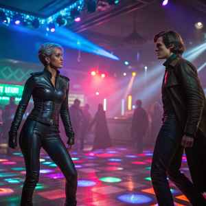 Promotional art for 'X-Men: Days of Future Past'. Nightclub setting. Characters include Halle Berry and Nicholas Hoult.