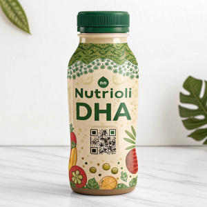 Packaging design for Nutrioli DHA. Vibrant bottle with green lid. Detailed label featuring illustrations, text, and QR code. Shot against minimalist white backdrop.
