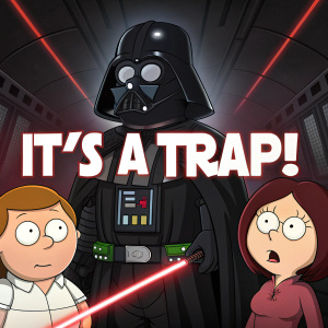 Digital movie cover of Family Guy's 'It's a Trap!' DVD. The main characters are depicted in a Darth Vader-like attire. Bold text overlay