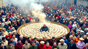 On New Year's Day, a large Chinese family of more than 100 people is happily making a giant dumpling