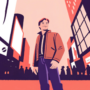 Dominic Sherwood, with a charming smile, standing in Times Square. Wearing a brown leather jacket and jeans. Background filled with towering digital billboards and bustling crowds.