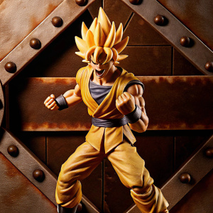 Goku action figure in intense battle pose. Dark grey, metallic backdrop.