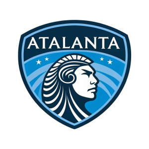 Vector illustration of the Atalanta football club logo. Shield-shaped crest with a blend of blue hues and contemporary design elements. 'Atalanta' scripted across the top in bold, modern font.