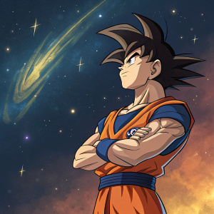Digital artwork of Goku. Standing confidently, arms crossed, determined look. Dark, starry space background. Orange, blue, and golden hues. Strong, athletic build.