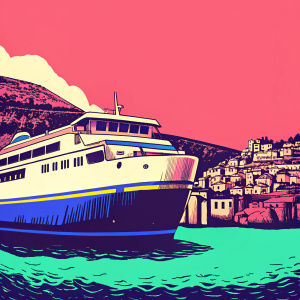 The cruise ship Diagoras, operated by Blue Star Ferries, is anchored in the bustling port of Yialos on Symi island. It stands out with its striking white and blue hull, complemented by a vibrant yellow stripe. Behind the ship, the traditional whitewashed houses of Symi rise up the hillside, while the azure Mediterranean waters stretch out invitingly beneath a cloudless sky.