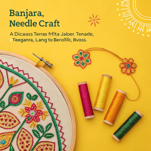 Eye-catching graphic showcasing Banjara Needle Craft from Telangana, India. Bright yellow background. Intricate embroidery using simple needles, threads, and looms. Rich colors and textures highlight the skilled craftsmanship and beautiful art pieces.