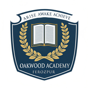 Logo for Oakwood Academy. Navy blue shield with golden laurel wreath border. Emblem features an open book. Text includes 'Arise Awake Achieve' and 'Oakwood Academy Ferozpur'.