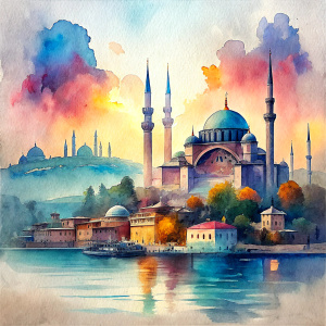 Please make a drawing of the unique skyline of Istanbul. Important buildings and symbols on the shores of the Bosphorus should be included in this drawing.