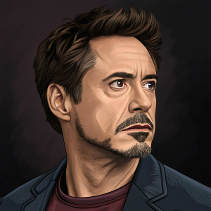 Digital illustration of Robert Downey Jr. Serious look, brown eyes, with subtle beard stubble. Dark background