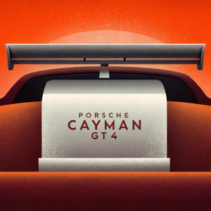 Digital poster featuring sleek design. Black background. White Porsche Cayman GT4 logo in bold font. Modern, minimalistic style.