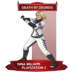 Digital illustration for 'Death by Degrees'. Nina Williams from Tekken in combat pose. White and black colors with red banner displaying game title. PlayStation 2 logo prominently featured.