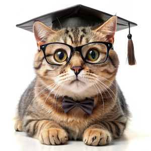 a broadly smiling funny cute cat resting his head on his paws, wearing glasses and a square academic cap,