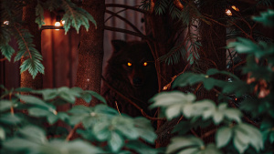 an anthropomorphic angry werewolf hiding in the forest bushes, yellow animal eyes. Warm, ambient lighting casting a cozy glow, creating soft reflections and adding a moody, intimate feel. High detail, soft lighting