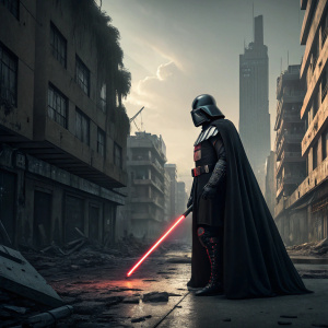 Darth Vader, the iconic Star Wars villain, standing alone in an abandoned cityscape. Dark helmet and red lightsaber visible.