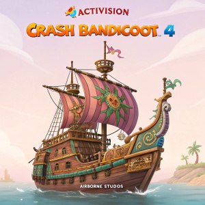 Digital art featuring an ornate pirate ship from Crash Bandicoot 4. Soft pastel background, logos of Activision and Airborne Studios prominently displayed.