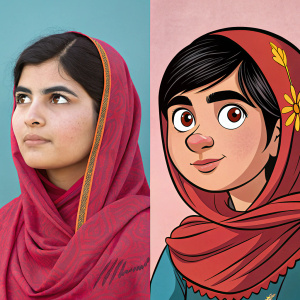 Digital illustration featuring Malala Yousafzai, real and cartoon versions side by side, vibrant colors