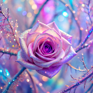 on a frozen pink roses Glam Glitters Sequins light soft  pastel  very much glitter sparkly ultra intense crystal effect fantasized glam Sprinkle  on the branch Shimmering Bioluminescent fairytale masterpiece  Magical Holographic  Glossy Bioluminescent iridescence  Shimmering Holographic   Foil Glossy Patent Spandex Vinyl   