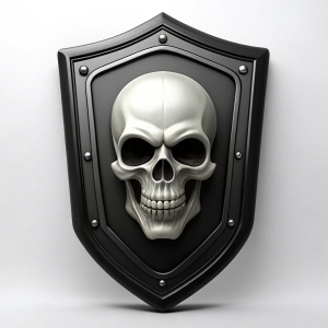 Generate a large black Roman rectangular shield with a white skull in the center