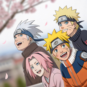 A vibrant collage featuring Naruto and his friends. Pencil sketches. Naruto, Sakura, Sasuke, and Kakashi in action poses. Detailed facial expressions. Backdrop is blurred to emphasize the characters.