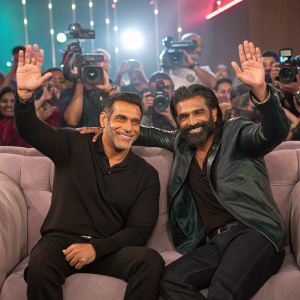 Salman Khan and Suniel Shetty, seated on a plush couch. Crowded backdrop with flashing cameras and fans