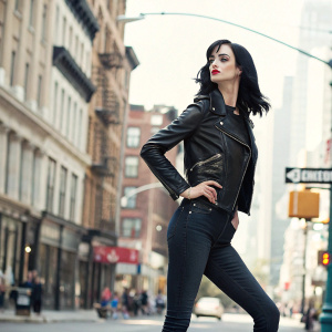 Krysten Ritter, posing confidently on the set. Wearing a black leather jacket and skinny jeans. Street style photoshoot in New York.