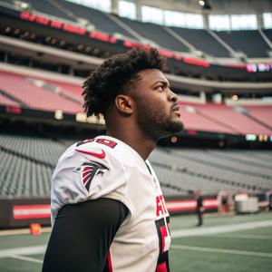 Dante Fowler Jr., NFL player, dressed in Atlanta Falcons jersey. Intense gaze, playing in an empty stadium.