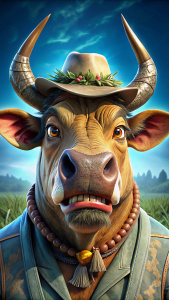 A tattooed cow that radiates terror and panic. wear a hat. a little more scary.realistic 8k