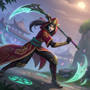 Akali from League of Legends, vibrant and detailed character design. Heroic pose in colorful game environment