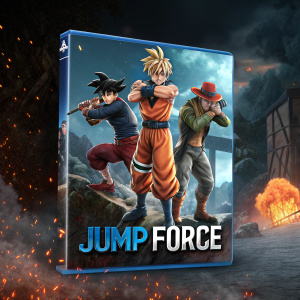 Cover art for Jump Force, a fighting game. Features vibrant anime characters in epic battle poses. Dark, fiery backdrop with dramatic smoke effects. PlayStation 4 logo prominently displayed. Game title in bold letters. Ideal for anime and action game enthusiasts.