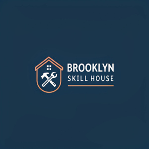 Logo design for Brooklyn Skill House. Modern and sleek emblem on the left, text 'Brooklyn Skill House' on the right. Cool and warm color scheme with blue, orange, and neutral tones. Professional and inviting design.