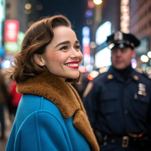 Emilia Clarke, Caucasian actress with a radiant smile, wearing a vibrant blue coat and cozy brown fur collar. Shot in the heart of a bustling city at night, with a police officer and another individual visible in the blurred background. The focus is entirely on Emilia.
