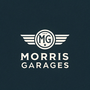 Morris Garages logo, established 1924. Simple emblem featuring 'MG' initials. Modern sans-serif font below. Dark background with white logo for contrast. Digital design.