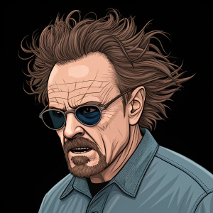 Cartoon version of Walter White. Angry face with wild hair and dark glasses. Black background