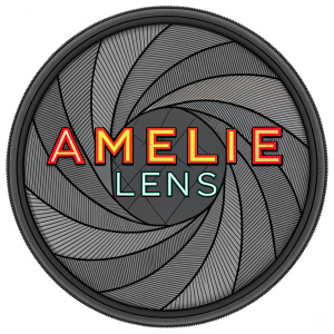 Logo design for Amelie Lens. Featuring a bold, modern abstract pattern reminiscent of lens textures. Gray tones with vibrant text. Sleek, contemporary look with high contrast and intricate details.