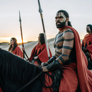 Khal Drogo, bearded and tribal markings, leading a nomadic tribe through the desert. Sun setting behind them.