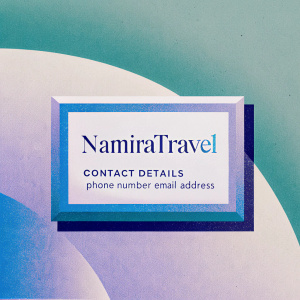 NamiraTravel's sleek logo and contact details are prominently displayed on a minimalist website design.